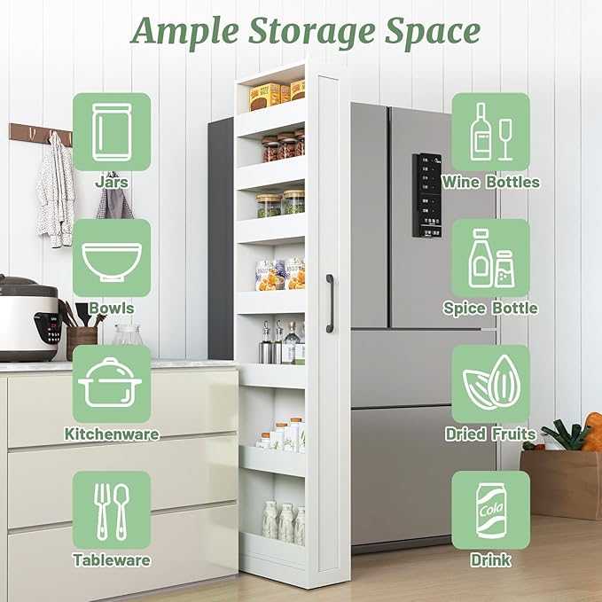 7 Tier Slim Rolling Pantry Storage Cart Wood Spice Rack on Wheels Next to Fridge Mobile Shelving Unit Space-Saving Narrow Pull-Out Utility Cart for Kitchen Bathroom Laundry Narrow Places, White