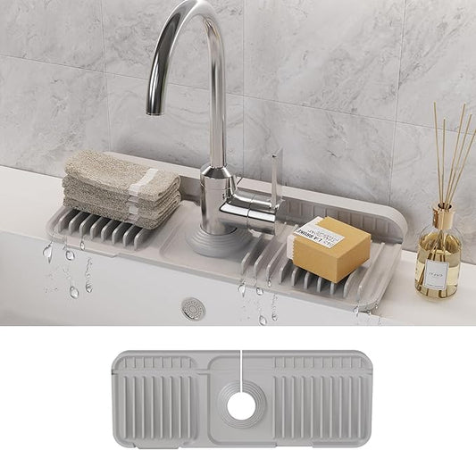 WAFT YEARN 14X5 Inch Silicone Durable Faucet Mat Kitchen Sink Splash Guard Draining Protector Tray Liner Absorbent Protective Counter Accessories For Sink Kitchen Bathroom Laundry Room Bar & RV Grey