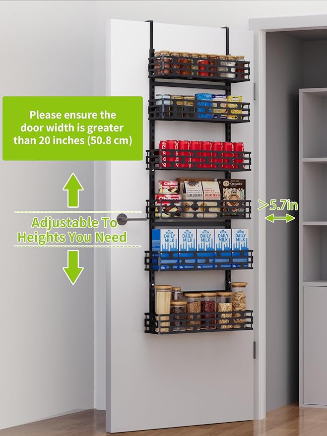 6-Tier Over The Door Pantry Organizer, Pantry Organizers and Storage, Metal Hanging Spice Rack, Over The Door Organizer for Home & Kitchen, Laundry Room Bathroom, Black