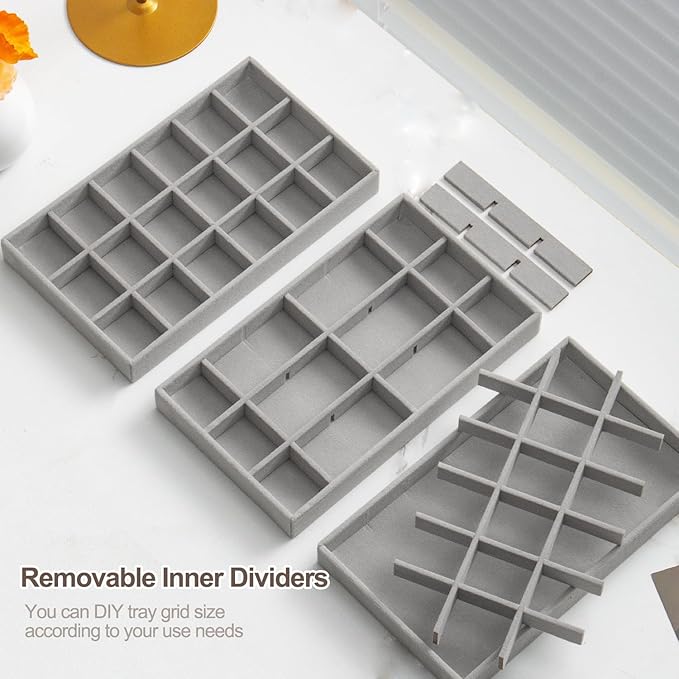 Jewelry Trays Organizer for Drawer, 9 Set of Small Jewelry Display Case Storage Velvet Stackable Drawer Inserts Organizer for Necklaces Bracelets Earrings Rings (Grey)