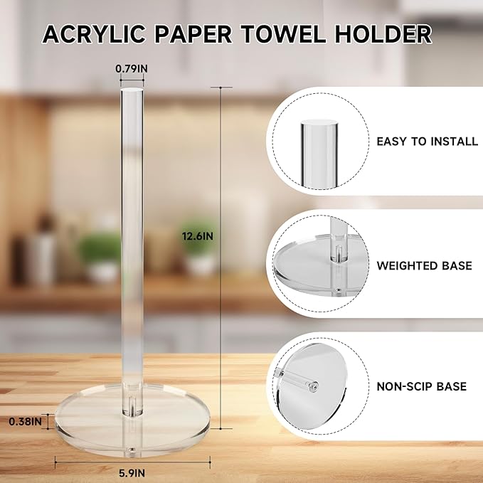 WORHE Paper Towel Holder Countertop Clear Acrylic 5.9" Diameter Thickening Sturdy Base,for Kitchen Bathroom, Paper Towel Dispenser for Tear Tissue Roll 1 Pack (YGC001)