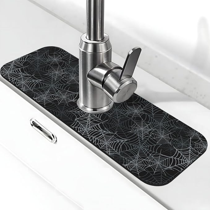 Halloween Black Spider Web Kitchen Sink Splash Guard Faucet Mat Super Absorbent Fast Drying Mat Sink Gadgets-Fast Drying Pad Sink Mat For Kitchen Bathroom (15" X 5.5" )