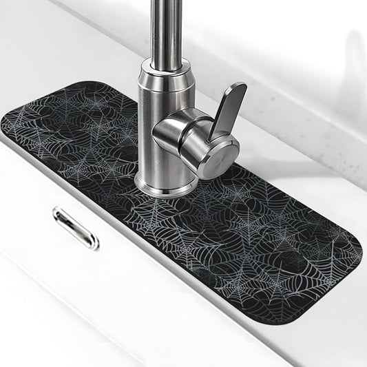 Halloween Black Spider Web Kitchen Sink Splash Guard Faucet Mat Super Absorbent Fast Drying Mat Sink Gadgets-Fast Drying Pad Sink Mat For Kitchen Bathroom (15" X 5.5" )