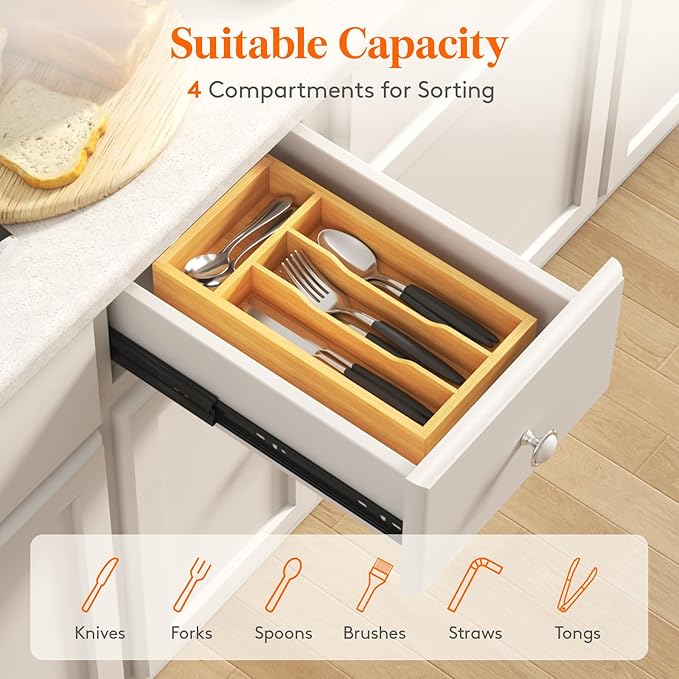 Lifewit Silverware Drawer Organizer, Expandable Utensil Tray for Kitchen, Bamboo Flatware and Cutlery Holder, Wood Adjustable Storage for Spoons Forks Knives, 6.9 x 12.8", Natural