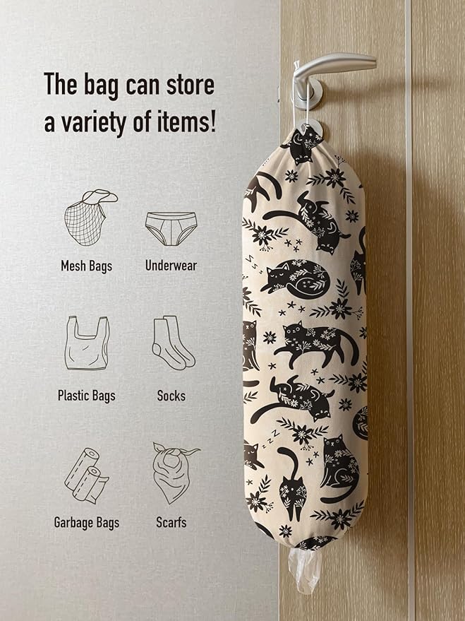 Hglian Black Cat Plastic Grocery Bag Holder,Cute Vintage Flowers Plastic Shopping Bags Organizer Storage Keeper for Kitchen,House Warming Gifts for Women Cat Lover