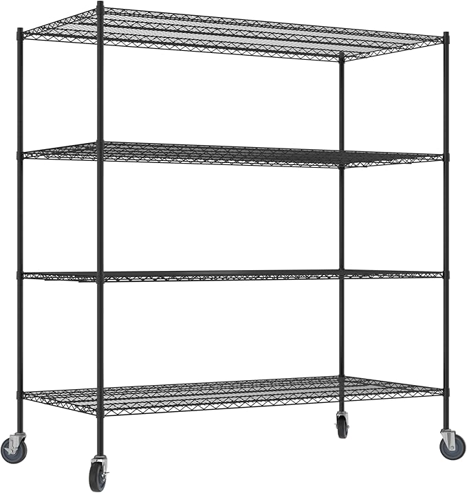 Commercial NSF Listed Black Epoxy Mobile Wire Shelving Kit 36" x 72" x 80", with 4 Shelves Perfect for Warehouse, Walk-in Refrigerator, Freezer, Grocery Store, Restaurant, Dishroom