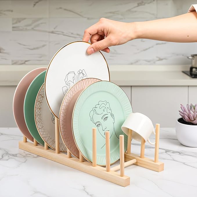4PCS Wooden Dish Rack, Kitchen Cabinet Plate Lid Organizer Vertical Wooden Dish Drying Rack for Dish Pots Lids Cutting Boards Bowls Cups Canvas Prints Artwork Books(8 Slots)