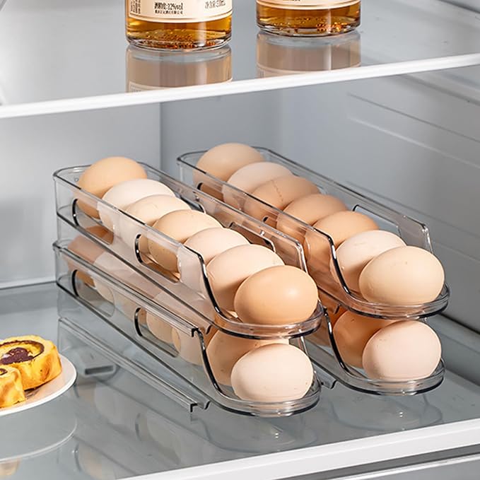 Egg Holder for Fridge, 2 Tier Automatic Scrolling Egg Storage Stackable Space-Saving Clear Plastic Fridge Container for Kitchen Restaurant