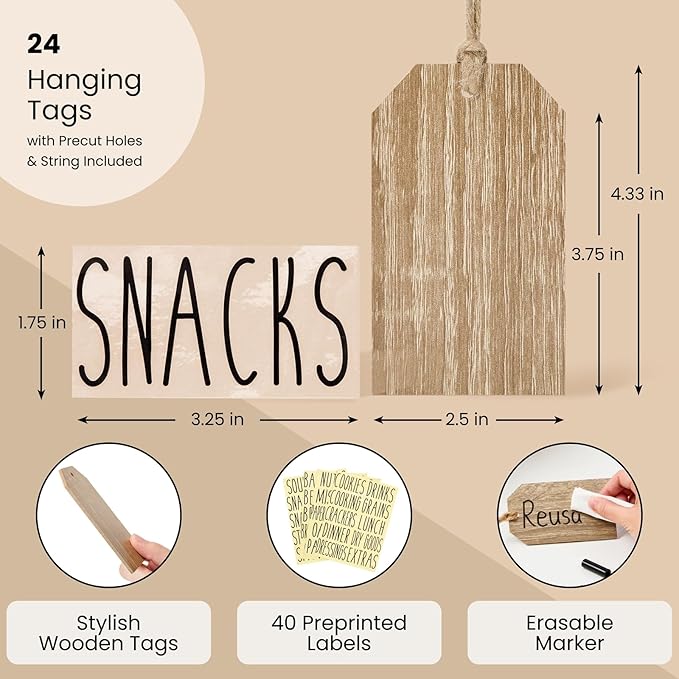 Talented Kitchen Wooden Hanging Tags - Kitchen & Home Organization - Canning Jar & Basket Tags - Wood Labels for Storage Bins - 4.33 x 2.5 in, Pack of 24, 40 Preprinted Labels, Natural Wood