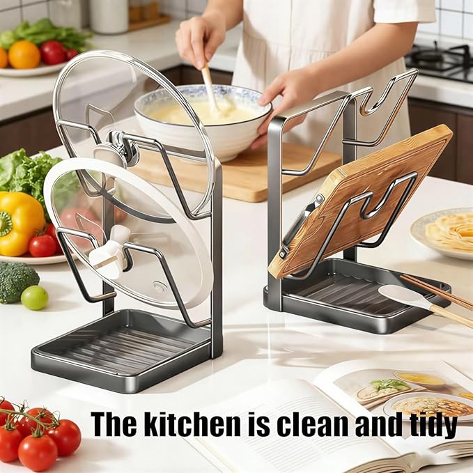Kitchen Pot Lid Storage Rack & Spoon Rest – Heavy-duty Pot Lid Holder While Cooking with Removable Drip Tray,Multifunctional Countertop Storage Stand for Pots And Pans,Space-Saving Lid Rack-2PCS