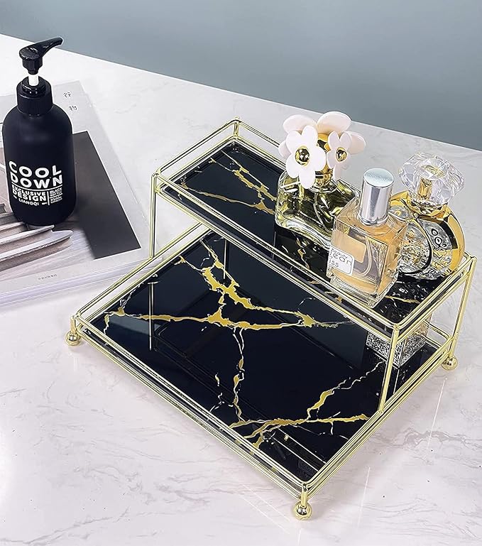 Simmer Stone Makeup Organizer Shelf, 2-Tier Cosmetic Storage Basket with Glass Tray, Wire Vanity Organizer Rack for Bathroom, Countertop, Dresser and More, Medium Size