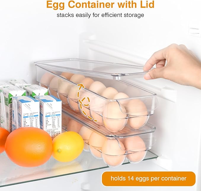 OTraki 6 Pack Fridge Organizer Storage Bins Drink Organizer for Fridge include Soda Can Dispenser Egg Holder Storage Bin with Handle Soda Organizer for Refrigerator Kitchen Countertop BPA Free