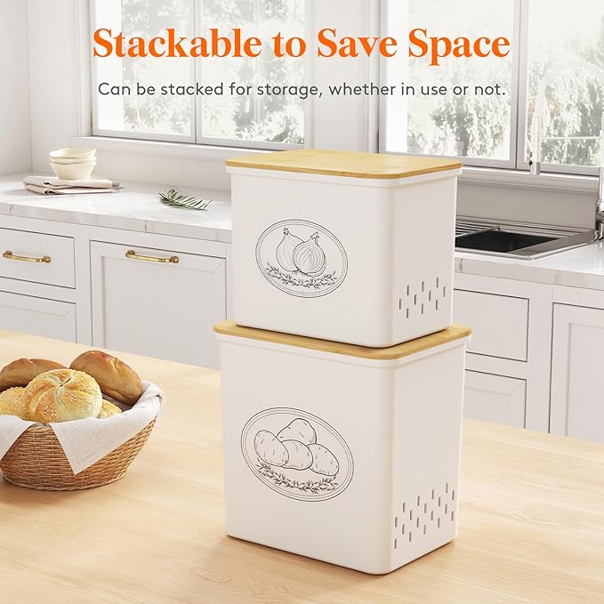 Lifewit Potato and Onion Storage Bin, Stackable Garlic Keeper with Aerating Holes and Lid, Plastic Vegetable Container Box for Pantry Countertop, White, 24 x 18 x 24 cm/9.5 x 7 x 9.5 inch, Set of 2