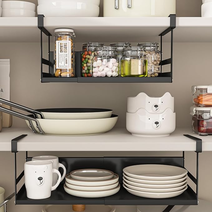 Expandable Under Cabinet Shelf Organizer with 1.25 Inches Thick Clips, Heavy Duty Extendable Under Shelf Storage Basket for Pantry or Laundry Room, Black, 2 Pack, Interior: 5.7" H x 8.54" D