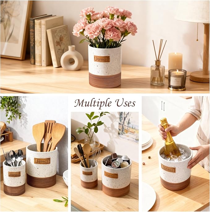 Utensil Holder, 7.1"+5.4" Ceramic Kitchen Utensil Crock for Counter, Farmhouse Cooking Utensil Organizer for Spatula Spoon Silverware Vintage Kitchen Decor Accessories Set of 2, White