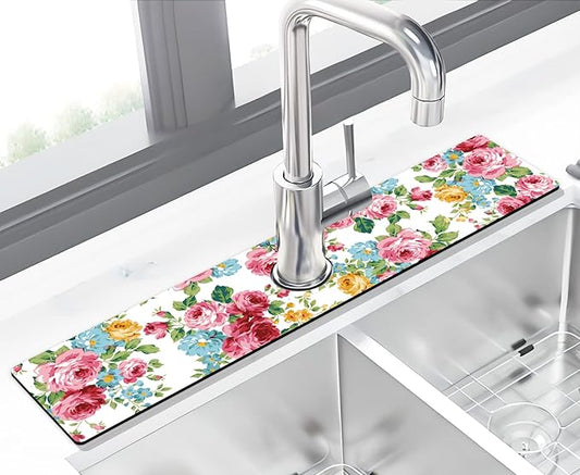 Kitchen Sink Splash Guard Faucet Mat Super Absorbent Fast Drying Mat Sink Gadgets Splash Guard Behind Faucet Drip Catcher for Kitchen (Pink Red Roses Floral, 23.5x5.5in)