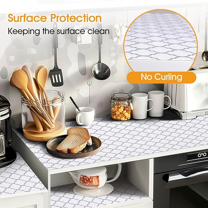 Shinlendid Shelf and Drawer Liner for Kitchen Cabinets Non-Adhesive, Strong Grip Non-Slip Thickened Cabinet Liners for Shelves, Waterproof Mats for Dresser Cupboard, White/Gray, 23 in x 10 Feet