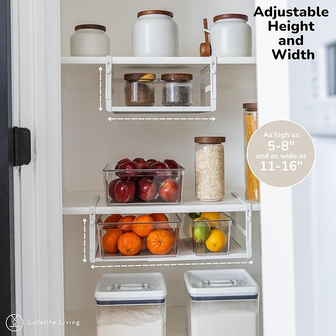 Under Shelf Storage Basket Organizer Expandable - Adjustable Width Height Cabinet Space Saver - Clip On Metal Hanging Rack - 30lb Capacity Kitchen Office Bathroom Declutter Solution - 2 Pack, White