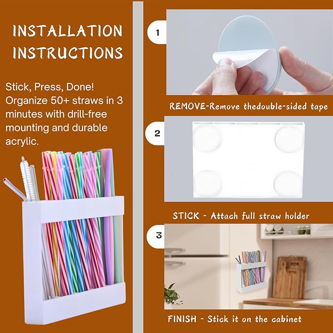 White Acrylic Straw Holder & Tumbler Organizer for Cabinet Door, Countertop – Reusable Straw Storage Dispenser, Kitchen Cabinet Organizer for Straws, Accessories (white)