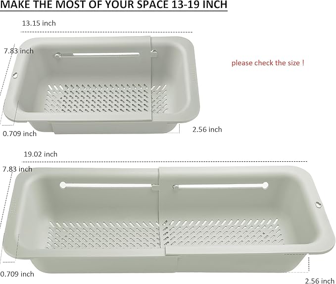 LASSHSWA Collapsible Colander and Strainer for Kitchen, Over the Sink Strainer Basket for Kitchen, Fruit Pasta Food Strainer Expandable Plastic Colander (Light Gray)