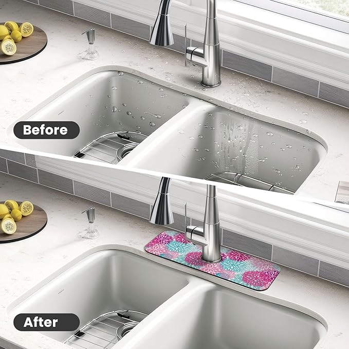 Dahlia Bright Flower 15" X 5.5" Kitchen Sink Splash Guard Faucet Faucet Guard Draining Mat Sink Splash Guard Faucet Kitchen Bathroom