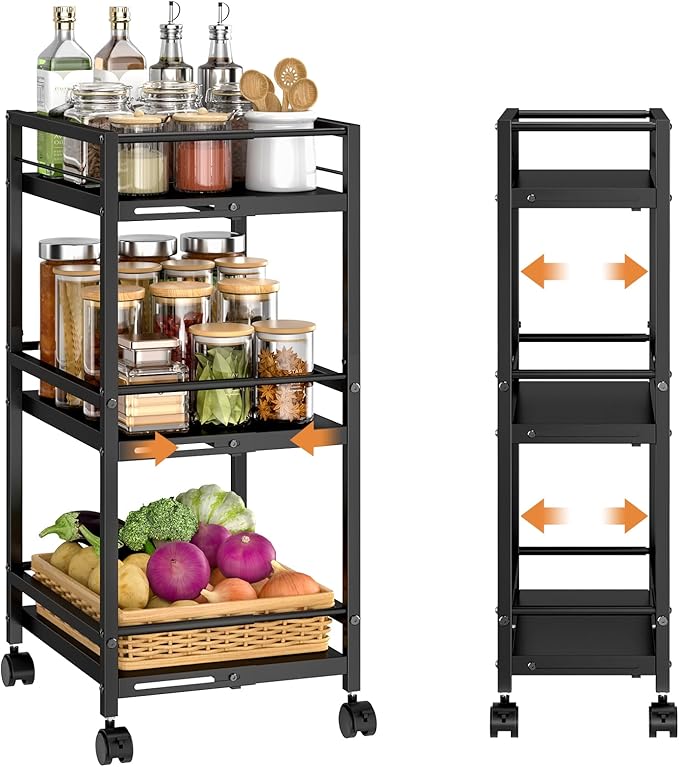 Expandable Slim Storage Cart for Small Space, 3-Tier Metal Rolling Kitchen Cart, Adjustable Narrow Laundry Cart, Small Shelving Unit with Wheels, Ideal for Kitchen Bathroom Laundry Room Living Room
