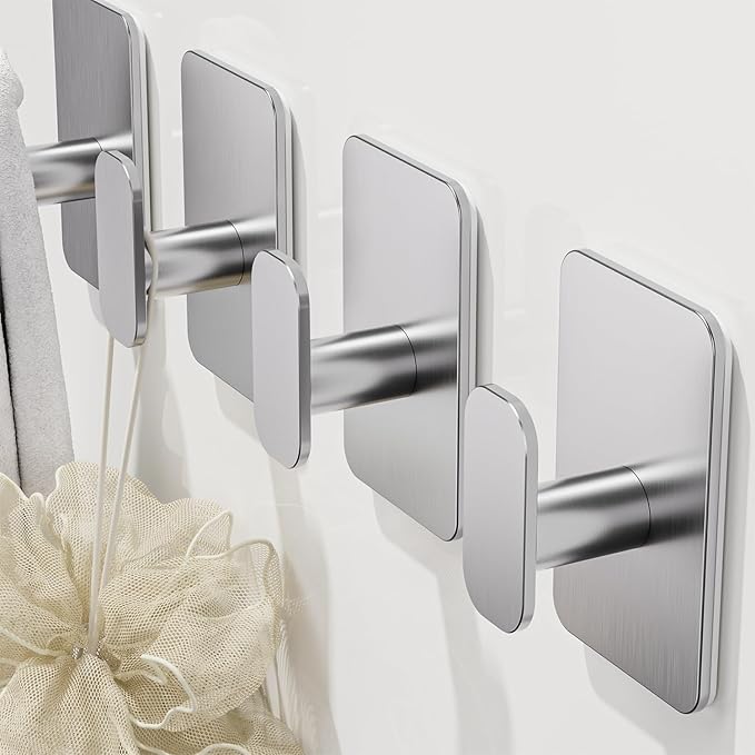 Eowihor Heavy Duty Self Adhesive Hooks - 26lb Max, Sticky Wall Hooks Stainless Steel for Hanging Towel, Coat, Robe, Waterproof & Rustproof Hooks Stick on Bathroom, Shower, Kitchen(Silver, 4 Pack)