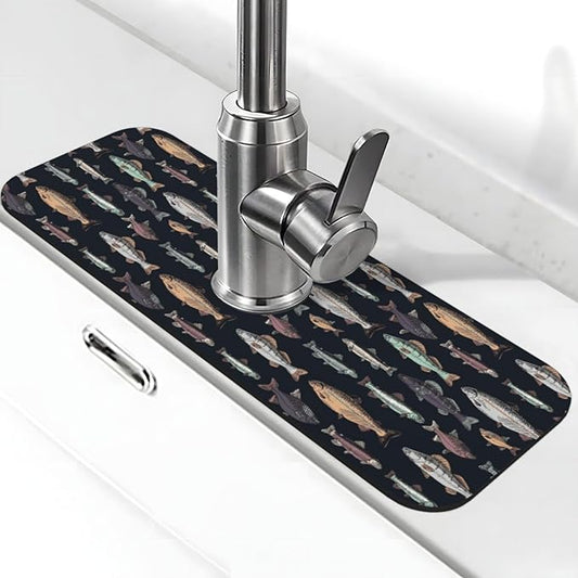 Vintage Fish Fishes Ocean Fishing Kitchen Sink Splash Guard Faucet Mat Super Absorbent Fast Drying Mat Sink Gadgets-Fast Drying Pad Sink Mat For Kitchen Bathroom (15" X 5.5" )