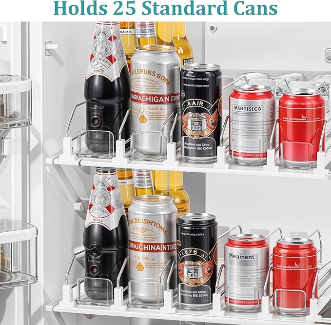 Drink Organizer for Fridge, Soda Can Organizer Dispenser for Refrigerator with Automatic Pusher Glided, Width Adjustable Clear Dividers Can Holder for 6-20oz Beverage, 15''D x15.4''W, 5 Rows