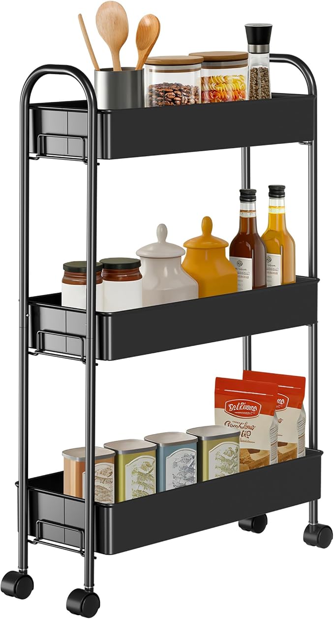 Slim Rolling Cart, Metal Frame Utility Rolling 3-Tier Narrow Storage Cart with Handle Kitchen Storage Organizer, Mobile Shelving Unit for Bathroom Kitchen