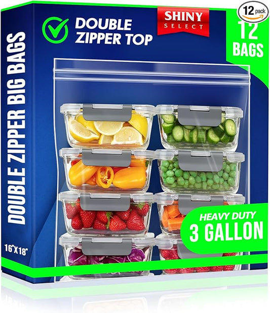 [12 COUNT] Double Zipper Jumbo Bags, 16x18, 2 Mil Thick, 2 MILL -3-Gallon - Heavy Duty Durable Storage Bags for Baby Items, School Supplies, Pants, Bedsheets, Pillowcases, Snacks, Meat Marinate