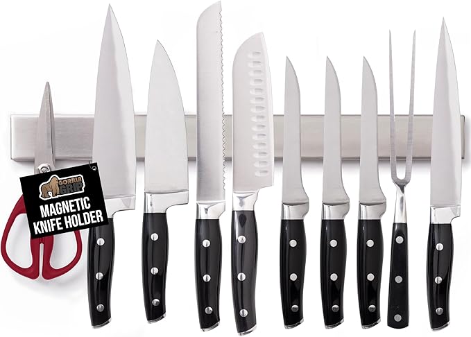 GORILLA GRIP Stainless Steel Magnetic Knife Holder for Wall, 24 in, Magnet Bar for Knives, Tools, Supplies, Heavy Duty Metal Strip Holds Up to 6 lbs, Kitchen Organizer, Non-Adhesive, Drilling Required
