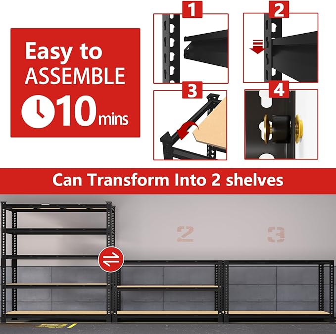 PrimeZone 60" W X 24" D X 72" H Heavy Duty Garage Storage Shelves - Adjustable Metal Shelving Unit, 5 Tier Industrial Shelves for Storage Standing Utility Rack for Warehouse, Basement, Black, 2 Pack