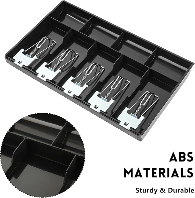 QTLCOHD 2 Pcs Cash Register Drawer Insert Tray 4 Coin/5 Bill Coin Compartments Money Drawer Organizer with Plastic Clip for Money Storage, Bills, Cash, Small Business