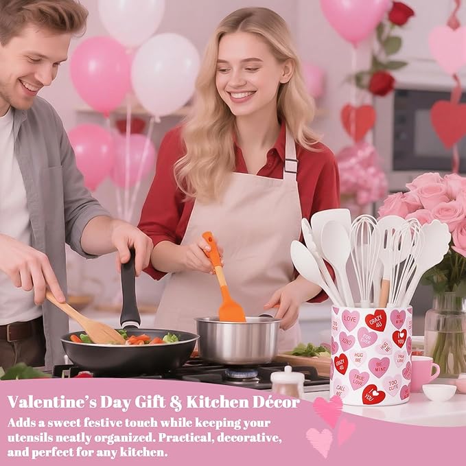 Valentine's Day Ceramic Utensil Holder 6.3 Inch Love Words Home Kitchen Utensil Crock for Anniversary Countertop Storage Organizer Container Dining Table Decor Wedding Gift(Love Words)