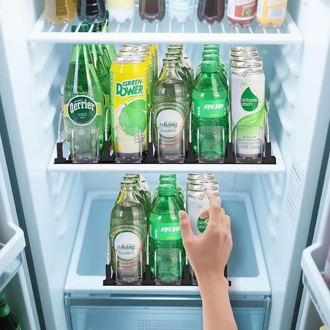 drink organizer for fridge，soda can organizer for Refrigerator,Automatic beverage dispensing saves refrigerator space; can hold 12-15 cans of beverages, 3-row pack.