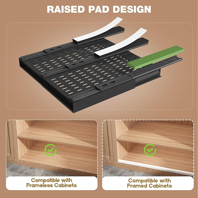 4 Pack Pull Out Cabinet Organizer Expandable Width (12"-20.8") & Depth (16.2"-23.6"), 3 Slide Rails Slide Out Drawers with Handle, Includes Raising Pad for Framed Cabinets, Black