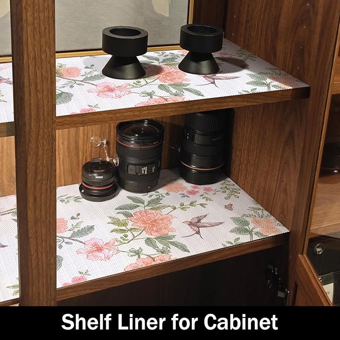 Amiitay Bird Floral Shelf Liners Non Adhesive and Strong Non-Slip Shelf and Drawer Liners for Kitchen Cabinet Wire Fridge, Waterproof Shelf Drawer Liner,Easy to Clean,12IN x 10FT