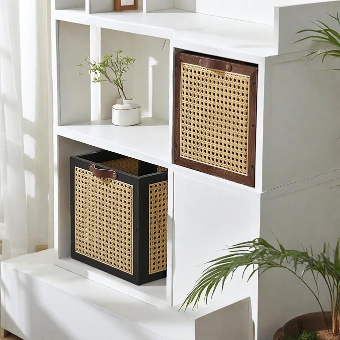 2PCS Rattan Storage Cubes Wooden Storage Baskets Boxes Decorative Natural Handmade Bohemian Solid Wood Woven Wicker Cane Bin Closet Shelf Clothes Organizer Books Magazine Holder (Black)