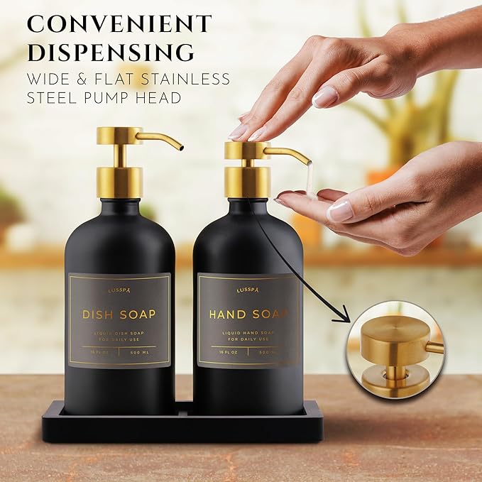 Lotion, Hand & Dish Soap Dispenser for Kitchen & Bathroom | Soap Dispenser Set of 2 16.8 Oz Glass Bottles with Stainless Steel Pump, 15 Water Proof Labels & Silicon Tray (Black/Gold)