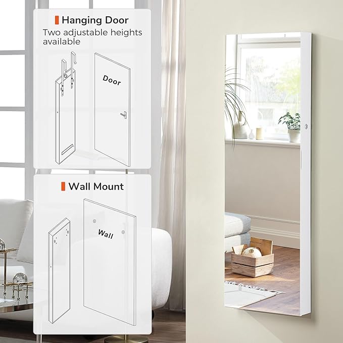 GISSAR Full Length Mirror Jewelry Cabinet, 6 LEDs Jewelry Armoire Wall Mounted Over The Door Hanging, Jewelry Organizer Storage with Lights Lockable, White Surface with Beige Lining, 14.6" x 47.2"