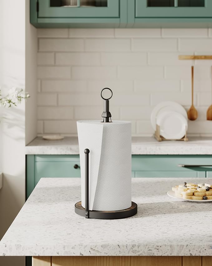 OROPY One-Hand Tear Paper Towel Holder Countertop, Farmhouse Wood Paper Towel Roll Holder with Ratchet Mechanism and Suction Cups fits Standard and Jumbo Size Paper Towels
