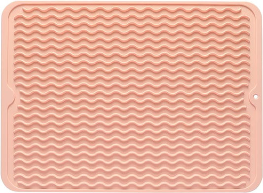 Silicone Dish Drying Mat for Multiple Usage,Easy clean,Eco-friendly,Heat-resistant Silicone Mat for Kitchen Counter or Sink,Refrigerator or drawer liner Pink L 16 inches x 12 inches