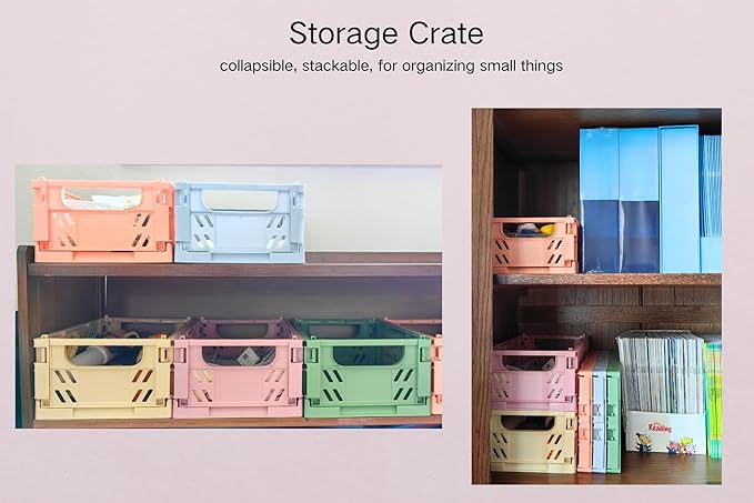2 Pack Plastic Storage Collapsible Crate Organizer Basket Bin for Organizing Desk Drawer Shelf for Home Kitchen Bedroom Bathroom and Dorm Storage, 9.8x6.5x3.8in, Pink