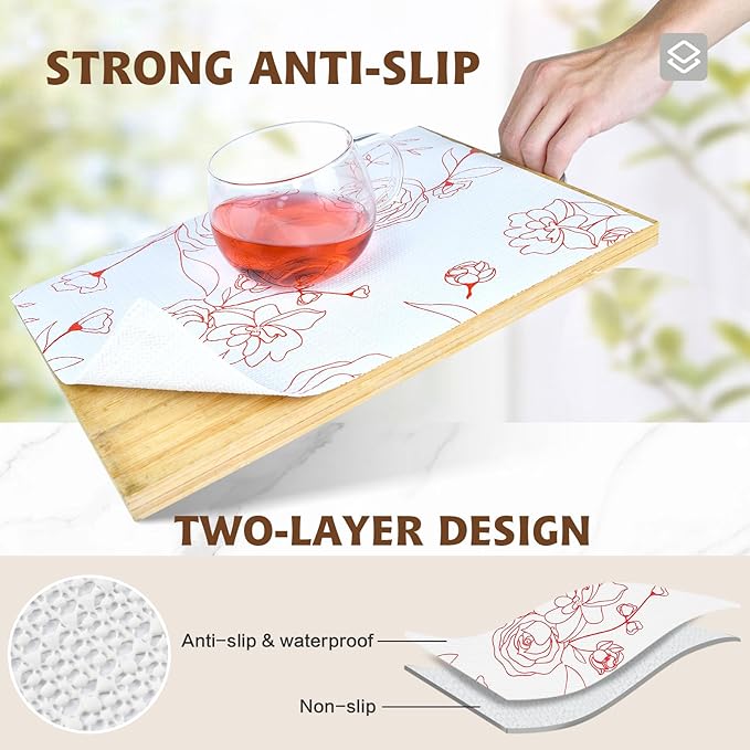 Shelf Liners for Kitchen Cabinets 17in x 20FT Non Adhesive Drawer Liner Red and White Floral Thickened Shelf Liner Paper Strong Non-Slip Easy to Clean for Tool Box with Knife and Tape Measure