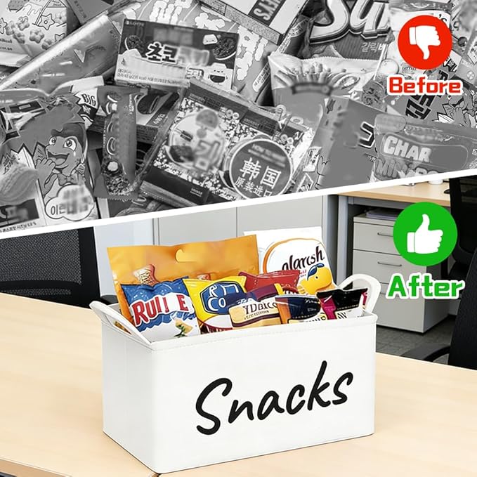 Snack Organizer Basket for Home Office: Snack Storage Bin for Pantry Shelf Countertop (White)