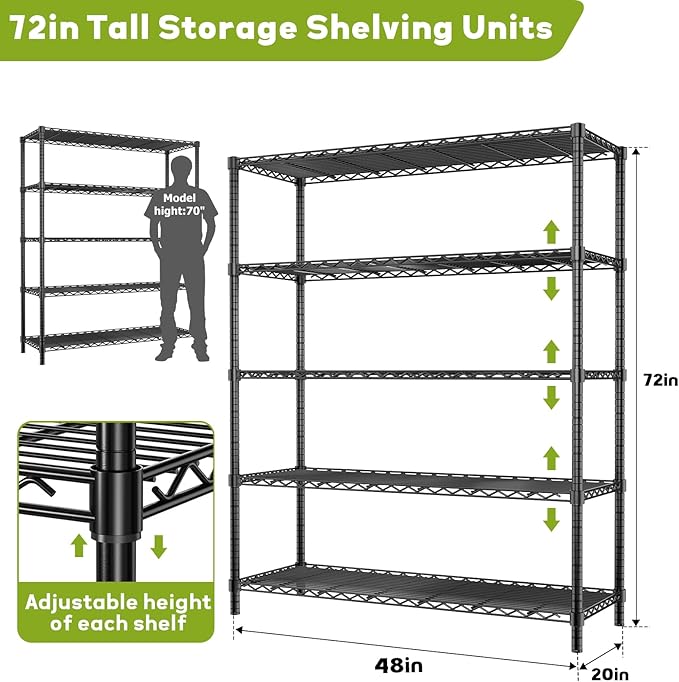 MODCART Storage Shelves, 4 PCS 48" L x 20" W x 72" H Heavy Duty Garage Wire Shelving Unit Loads 2000LBS, 5-Tier Adjustable Metal Industrial Utility Shelf Rack for Kitchen, Laundry Room, Basement