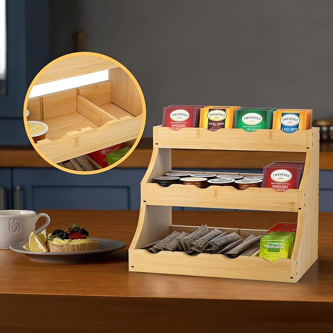 Bamboo Tea Bag Organizer, 3-Tier Tea Bag Holder Stores Over 240 Tea Bags, Tea Station for Coffee Capsules, Creamer, Sweetener, Sugar - Removable Divider (Self-assembly)