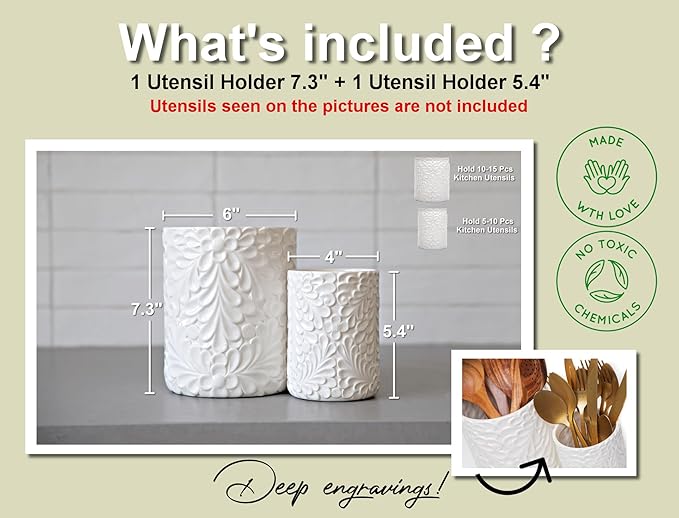 25DOL Large 7.3"+5.4" Engraved Ceramic Utensil Holder for Countertop, Cooking Utensils Organizer for Spatula, Large Utensils Crock for Kitchen Counter, Kitchen Decor, set of 2, White