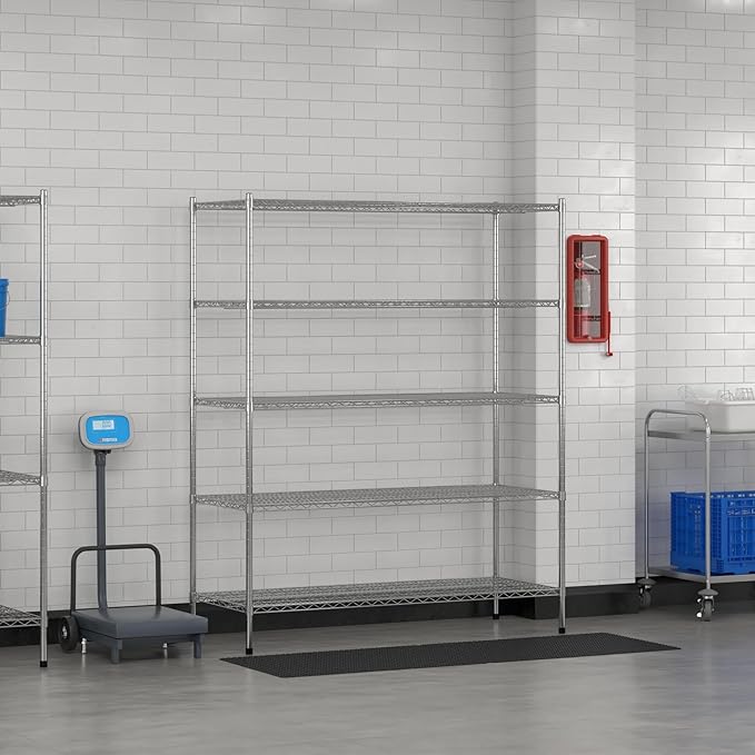 Commercial NSF Listed Chrome Stationary Wire Shelving Kit 24" x 60" x 74", with 5 Shelves Perfect for Warehouse, Walk-in Refrigerator, Freezer, Grocery Store, Restaurant, Dishroom